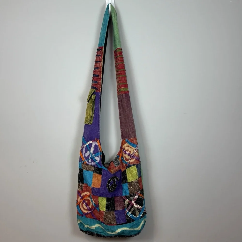 Aller Simplement boho Hippie Patchwork Hobo Bag Colorful Peace Fun Unique Cotton
